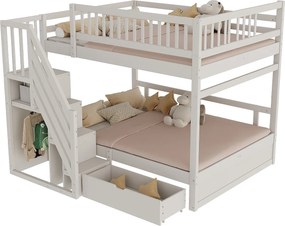 Łóżko piętrowe dla dzieci - 2 x 140 x 200 cm - z 1 szufladą + schowkiem schodowym - drewno + płyta MDF - białe