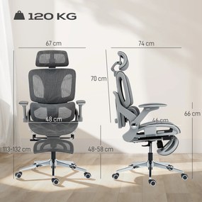 HOMCOM Ergonomiczny fotel biurowy, fotel komputerowy z siatki z oddzielnym oparciem, podparcie lędźwiowe, 4D składane podłokietniki, Szary | Aosom PL