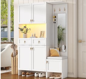 Nowoczesna szatnia wejściowa 120x33.5x180cm - z LED i lustrem - z ławką na buty i szafą na buty - z 2 szufladami i 5 drzwiami - Biały