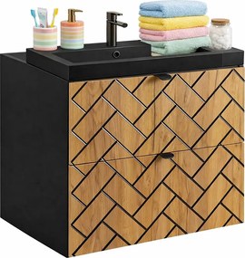 Szafka umywalkowa w jodełkę 60 cm czarny + dąb craft złoty K9-A37