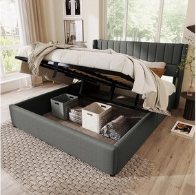 Łóżko z pojemnikiem 180 x 200 cm - Łóżko dla dorosłych z tapicerowanym oparciem - szary len - bez materaca