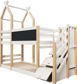 Łóżka piętrowe dla dzieci - 2 x 90 x 200 cm - domek na drzewie - schowek w schodach - białe