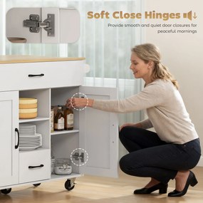 HOMCOM Wyspa kuchenna na kółkach z rozkładanym blatem szafką soft-close szufladami i wieszakiem na ręczniki biała | Aosom PL