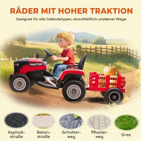 AIYAPLAY Elektryczny traktor dla dzieci, traktor na siedzenie z pilotem, miękki start, dla dzieci w wieku 3-8 lat, Czerwony | Aosom PL