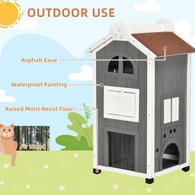 Pawhut® domek budka dla kota 2-piętrowa willa dach asfaltowy lite drewno szary 59 x 55 x 109 cm