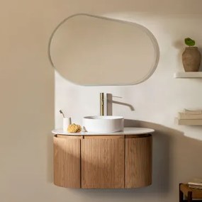 Zestaw Wiszących Mebli Łazienkowych Z Drewna Carsone Naturalna & Bez Jednostki Pomocniczej & Okrągły Ceramiczny Biały Ø40 - Sklum