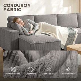 HOMCOM Narożnik z podwójnymi szezlongami, sofa w kształcie litery U z sztruksu, szerokie i głębokie siedzisko, sprężyny kieszeniowe, Jasnoszary | Aosom PL