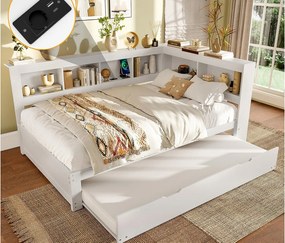 Sofa rozkładana 140x200 cm - z łóżkiem wysuwanym - z gniazdkiem + 2 USB - z listwowym stelażem - biały (materac nie jest w zestawie)