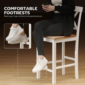 HOMCOM Zestaw 2 stołków barowych z oparciem i podnóżkiem, drewno kauczukowe, do kuchni, jadalni, baru, Dąb+Biały