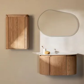 Zestaw Wiszących Mebli Łazienkowych Z Drewna Carsone Naturalna & Naturalna & Without Sink & Owalna Lampa Led I Przeciwmgielna 100x80 Cm Riben - Sklum