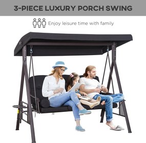 Outsunny 3-osobowa huśtawka z dachem huśtawka ogrodowa z dachem przeciwsłonecznym poduszka metal poliester czarna, 116 x 206 x 183 cm
