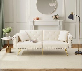 Sofa 2-osobowa, beżowy aksamit, z 3-stopniowym odchyleniem oparcia, złote nogi, do salonu i biura