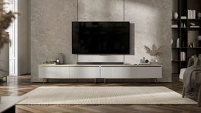 Podwójna szafka pod telewizor Selene 280 cm, biała na złotych płozach