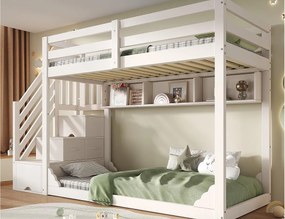 Łóżko piętrowe 90x200cm - z drabiną z pojemnikami i półkami - z 2 szufladami - Lite drewno + płyta wiórowa - Biały​ (bez materaca)