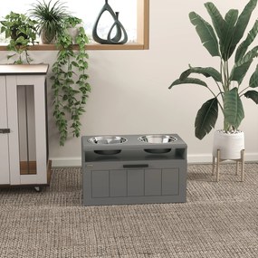 PawHut Stacja żywieniowa dla dużych psów, z 2 miskami ze stali nierdzewnej, szuflada, dozownik karmy dla zwierząt, MDF, stal, Szara