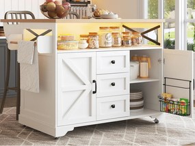 Mobilna centralna wyspa kuchenna - Blat rozsuwany - 120x71x98cm - z LED - 2 drzwi i 3 szuflady - otwarte półki - Biały