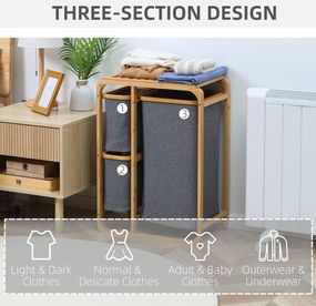 HOMCOM Kosz na Pranie z Bambusa 3 Wyjmowane Kosze Naturalny Szary 50x32x697cm | Aosom PL