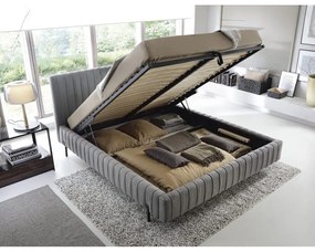 Szare tapicerowane łóżko dwuosobowe ze schowkiem ze stelażem 140x200 cm Plissa – ELTAP