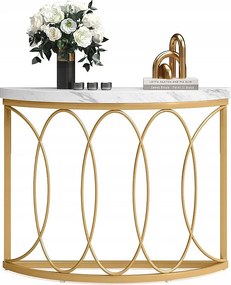 Złoty stolik konsolowy, stolik nocny, stolik kawowy, stolik w przedpokoju z imitacją marmuru, metalową ramą i wzorem półksiężyca