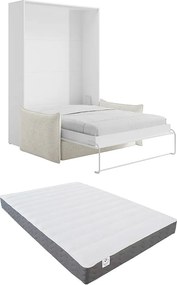 Łóżko chowane w szafie 140 x 200 cm - Ręczne otwieranie pionowe - Białe + Materac + kanapa - BEGANIO