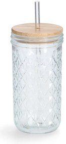 Szklanka z metalową słomką i szczelnym wieczkiem z bambusa, 580 ml