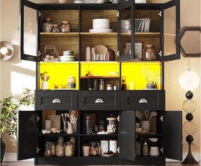 Nowoczesny kredens kuchenny 140x40x175cm - 6 drzwi + 3 szuflady + 9 półek - meble wysokie - z oświetleniem LED - Czarny