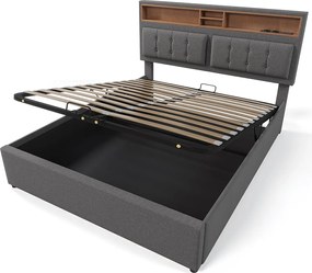 Łóżko z pojemnikiem 140x200 cm – z zagłówkiem i schowkiem, USB/Typ C, stelażem – len – szare - materac w zestawie