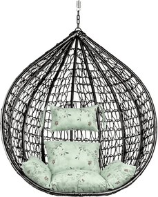 Czarne wiszące krzesło KOKON bez stojaka, jasnozielona poduszka ze wzorem