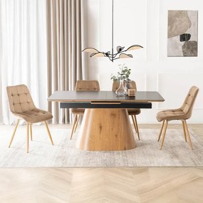 Zestaw Stół Rozkładany Ceramiczny LIZBONA 160-200 cm Czarny/Dąb i 4 Krzesła Tapicerowane RODRI Beżowe
