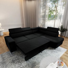 Masseno Narożnik ALVORO z funkcją spania i pojemnikiem na pościel Narozniki L, Rozkładana sofa - Czarny, MATT VELVET 99