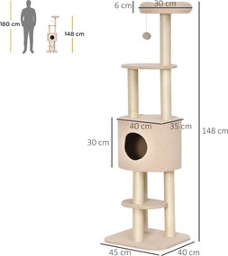 PawHut Drapak 148 cm wysokości drzewko dla kota z kryjówką, 4 zabawki, słupki sizalowe, duża platforma, wielopoziomowy dla kotów do 5 kg | Aosom PL