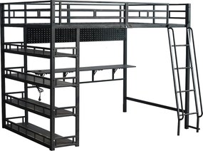 Łóżko mezzanine 140x200 cm - z biurkiem i półką do przechowywania - z portem ładowania - z drabiną - Metal + płyty wiórowe - Czarny