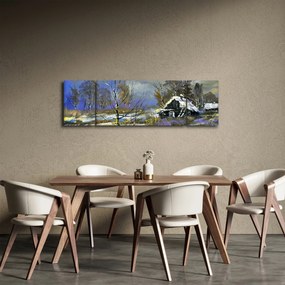 Obraz chaty w zimowym krajobrazie, obraz olejny (170x50 cm)