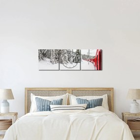Obraz - Pociąg w zaśnieżonym krajobrazie (z zegarem) (90x30 cm)