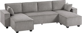 HOMCOM Narożnik z podwójnymi szezlongami, sofa w kształcie litery U z sztruksu, szerokie i głębokie siedzisko, sprężyny kieszeniowe, Jasnoszary | Aosom PL