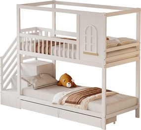 Łóżko piętrowe 2 x 90 x 200 cm z 2 szufladami + półki + schodki - lite drewno - białe