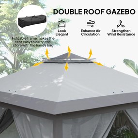 Outsunny Składany pawilon ogrodowy z metalu i płótna, moskitiery, otwory odpływowe, 330D x 330S x 288W cm, Szary