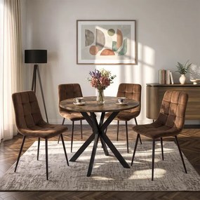 Zestaw Stół Okrągły LAUREN 80 cm Dąb Rustykalny/Czarny i 4 Krzesła PERU Brązowe