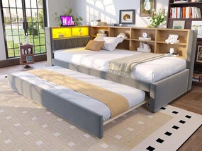 Sofa rozkładana 90x200 cm - Z wysuwanym łóżkiem 90x190 cm - z oświetleniem LED - gniazdko elektryczne - ciemnoszary (materac nie jest dołączony)