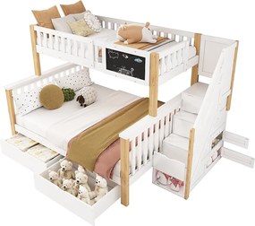 Łóżko piętrowe z litego drewna z szufladami i schodami do przechowywania - 90x200cm + 140x200cm - Białe