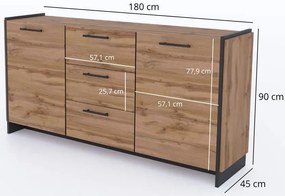 Długa komoda z 3 szufladami dąb wotan + czarny A8-L42