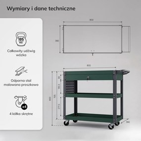 Wózek narzędziowy, warsztatowy na kółkach Fred z szufladą, kolor butelkowa zieleń