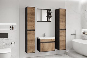Nowoczesny zestaw mebli łazienkowych 4 elementy – szafka z umywalką, słupki, lustro matera/kasztan mat