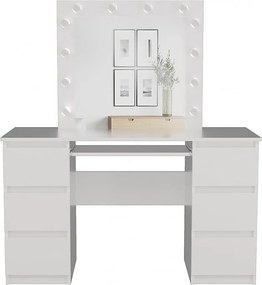 Toaletka| Biurko KUBA | Lustro LED Marina | Biała| 130x51x146 cm | 6 szuflad | Elegancka