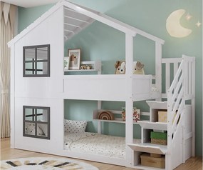 Łóżko piętrowe dziecięce 90x200 cm - z oknem - z drabiną z pojemnikami - lite drewno + MDF - biały + szary (bez materaca)
