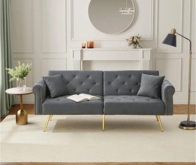 Sofa 2-osobowa, szary aksamit, z 3-stopniowym odchyleniem oparcia, złote nogi, do salonu i biura