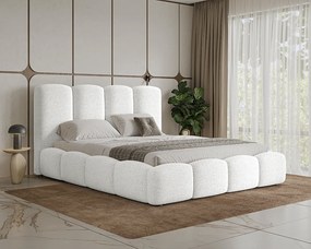 BESILIO Łóżko chmurka z pojemnikiem i stelażem 160x200 Fluffy - łóżko tapicerowane tkanina boucle/baranek, łóżko gruba pianka - Biały