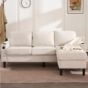 Sofa 3-osobowa, beżowy len, sofa w kształcie litery L z portami USB i Type-C, 2 uchwyty na kubki, do salonu i sypialni