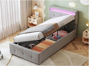 Łóżko tapicerowane 90x200cm z weluru - z LED i stelażem na listwy - Szare