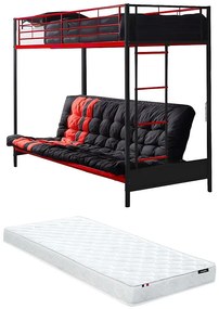 Łóżko na antresoli 90 x 190 cm - Z rozkładaną kanapą - Metal - Kolor czarny + czerwony + futon - MODULO V